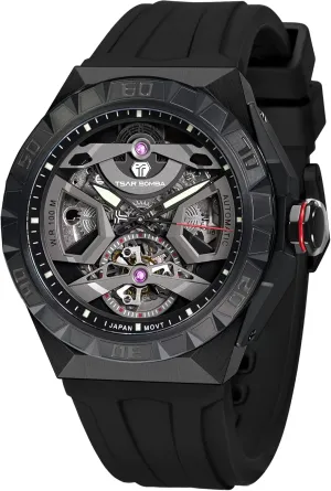Waterproof Wrist Watch Analogue Display Octagon Dial Watches arboreal Dress Luxury Self Wind Watch with FKM Rubber Bracelet Strap Watch for Men Mechanical Men's Automatic Skeleton Watch, 100M 