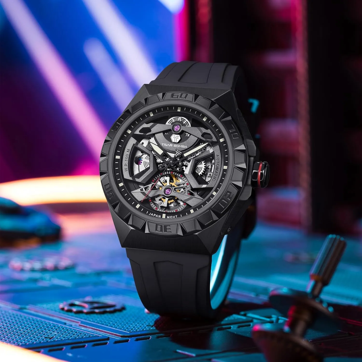 Waterproof Wrist Watch Analogue Display Octagon Dial Watches arboreal Dress Luxury Self Wind Watch with FKM Rubber Bracelet Strap Watch for Men Mechanical Men's Automatic Skeleton Watch, 100M 
