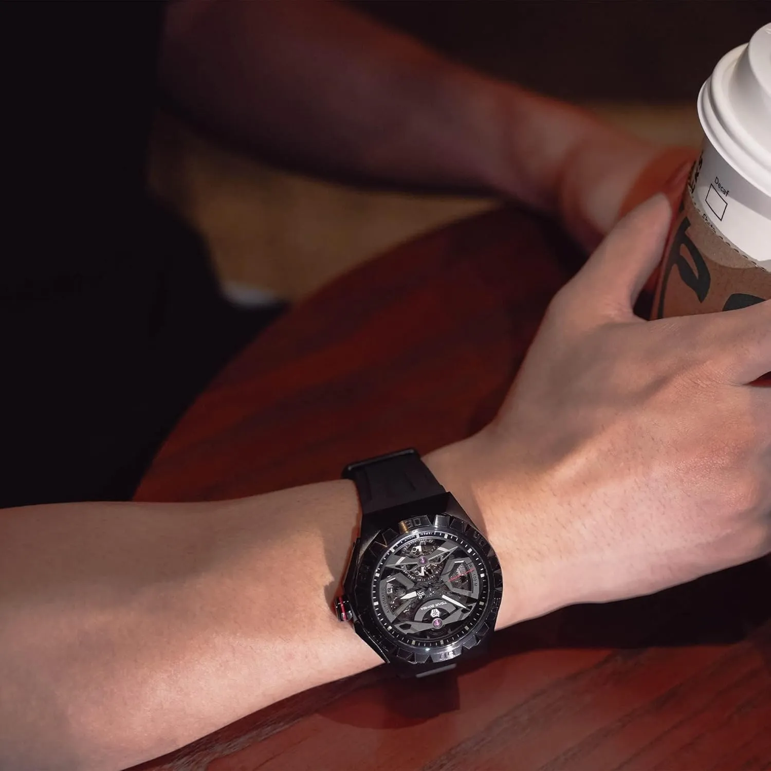 Waterproof Wrist Watch Analogue Display Octagon Dial Watches arboreal Dress Luxury Self Wind Watch with FKM Rubber Bracelet Strap Watch for Men Mechanical Men's Automatic Skeleton Watch, 100M 