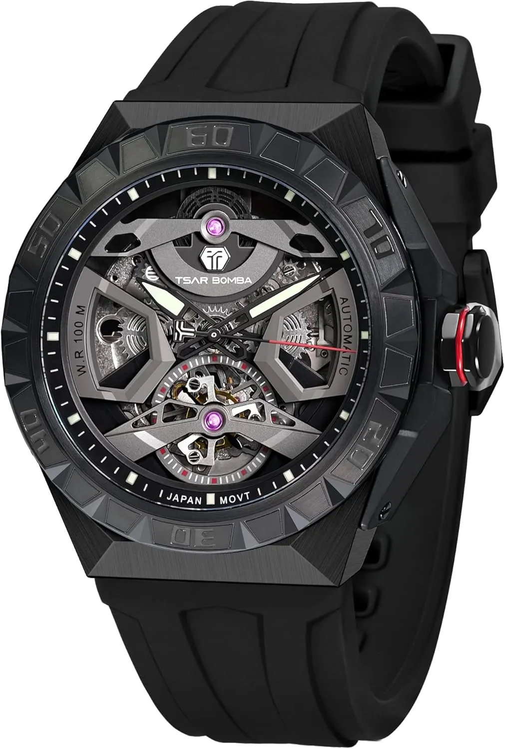 Waterproof Wrist Watch Analogue Display Octagon Dial Watches arboreal Dress Luxury Self Wind Watch with FKM Rubber Bracelet Strap Watch for Men Mechanical Men's Automatic Skeleton Watch, 100M 