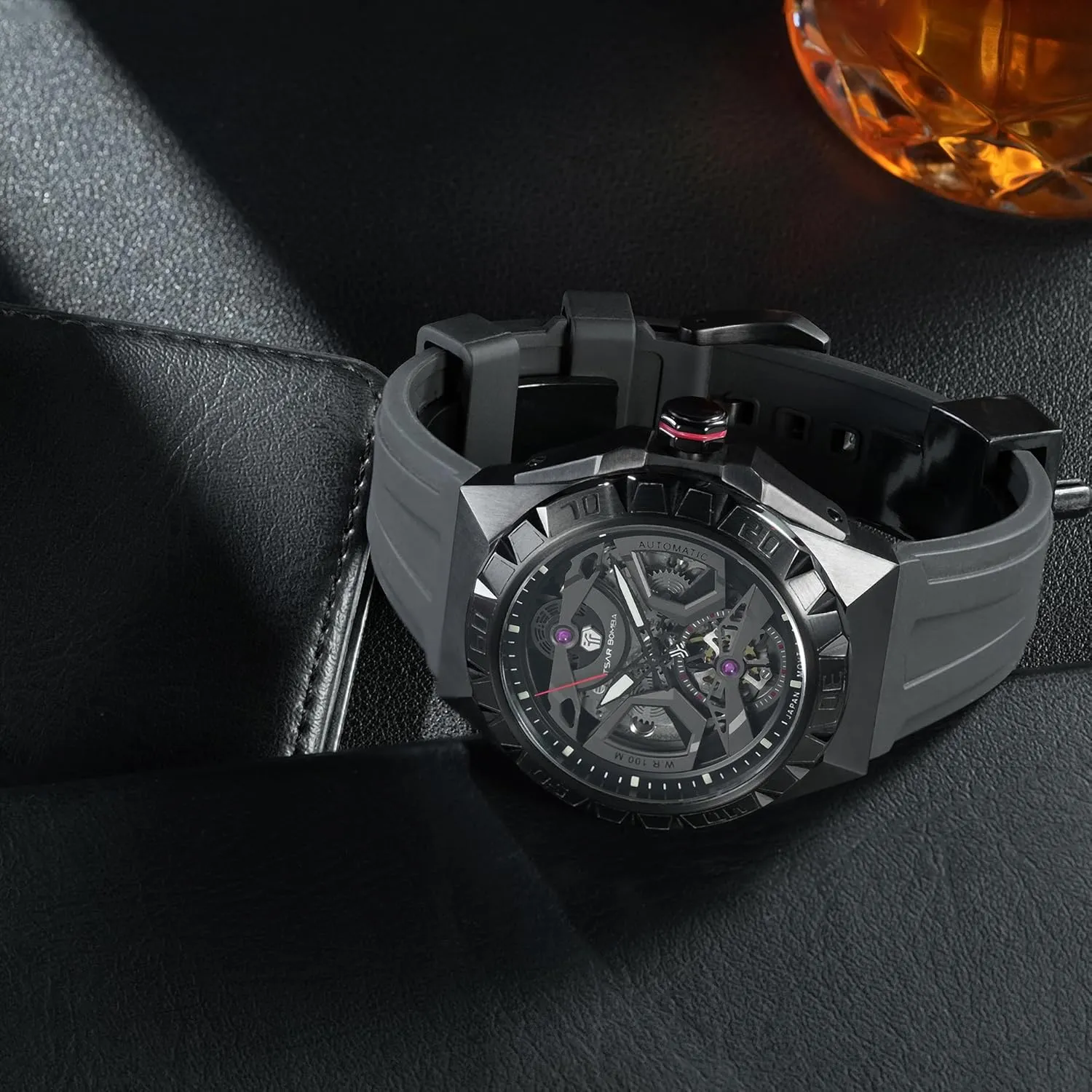 Waterproof Wrist Watch Analogue Display Octagon Dial Watches arboreal Dress Luxury Self Wind Watch with FKM Rubber Bracelet Strap Watch for Men Mechanical Men's Automatic Skeleton Watch, 100M 