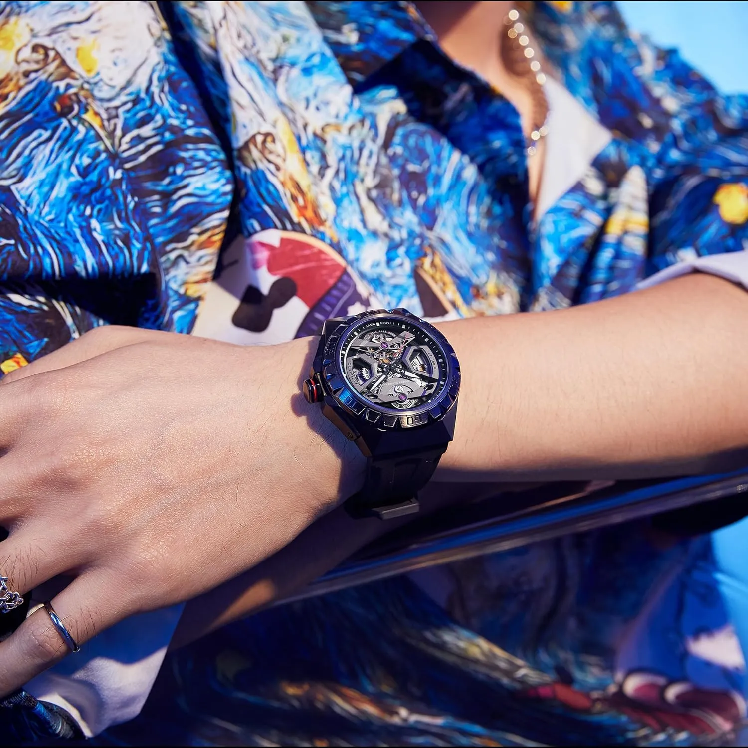 Waterproof Wrist Watch Analogue Display Octagon Dial Watches arboreal Dress Luxury Self Wind Watch with FKM Rubber Bracelet Strap Watch for Men Mechanical Men's Automatic Skeleton Watch, 100M 