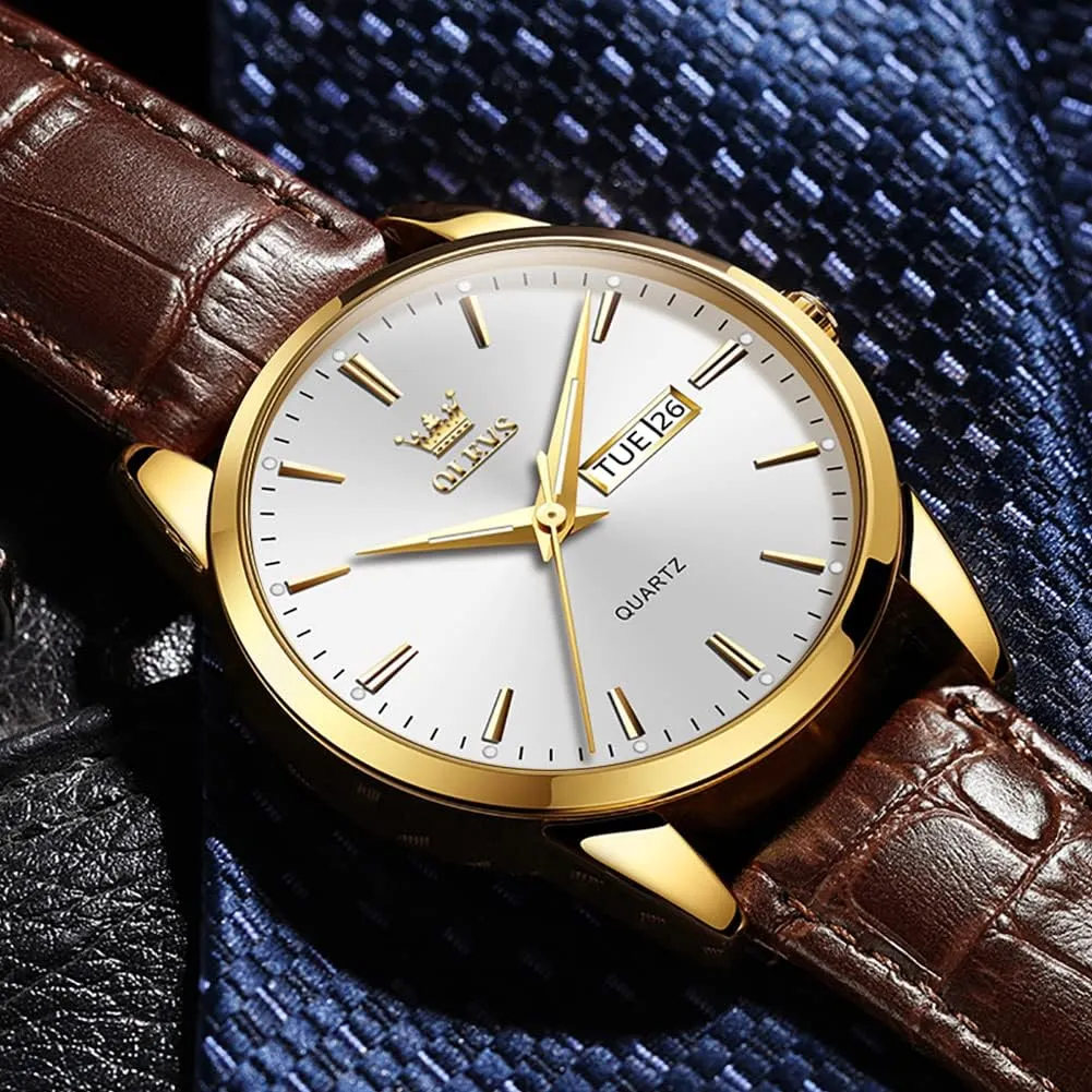 Week Date Business Classic Luminous Leather classic month Strap 3ATM Waterproof Wrist Watch Lovers OLEVS Men Watch Leather Analog Quartz Male Dress 