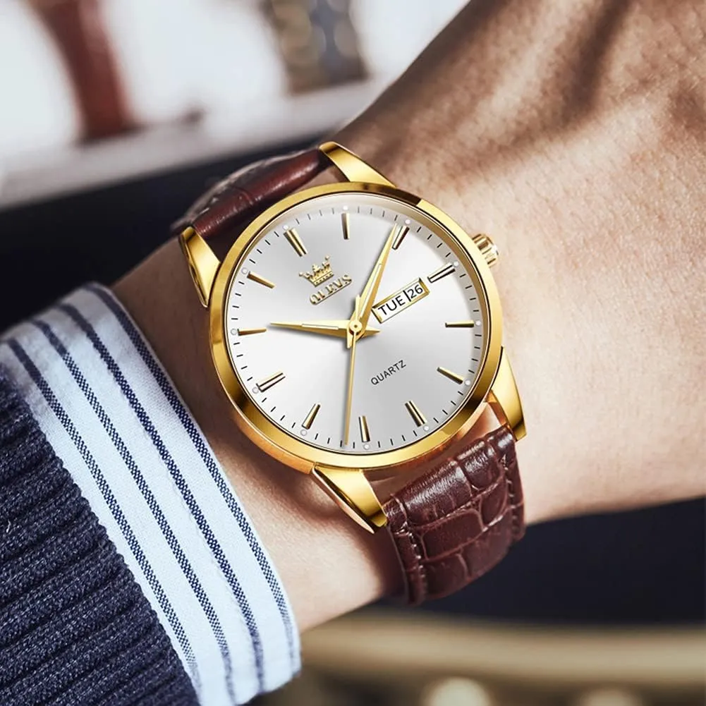 Week Date Business Classic Luminous Leather classic month Strap 3ATM Waterproof Wrist Watch Lovers OLEVS Men Watch Leather Analog Quartz Male Dress 
