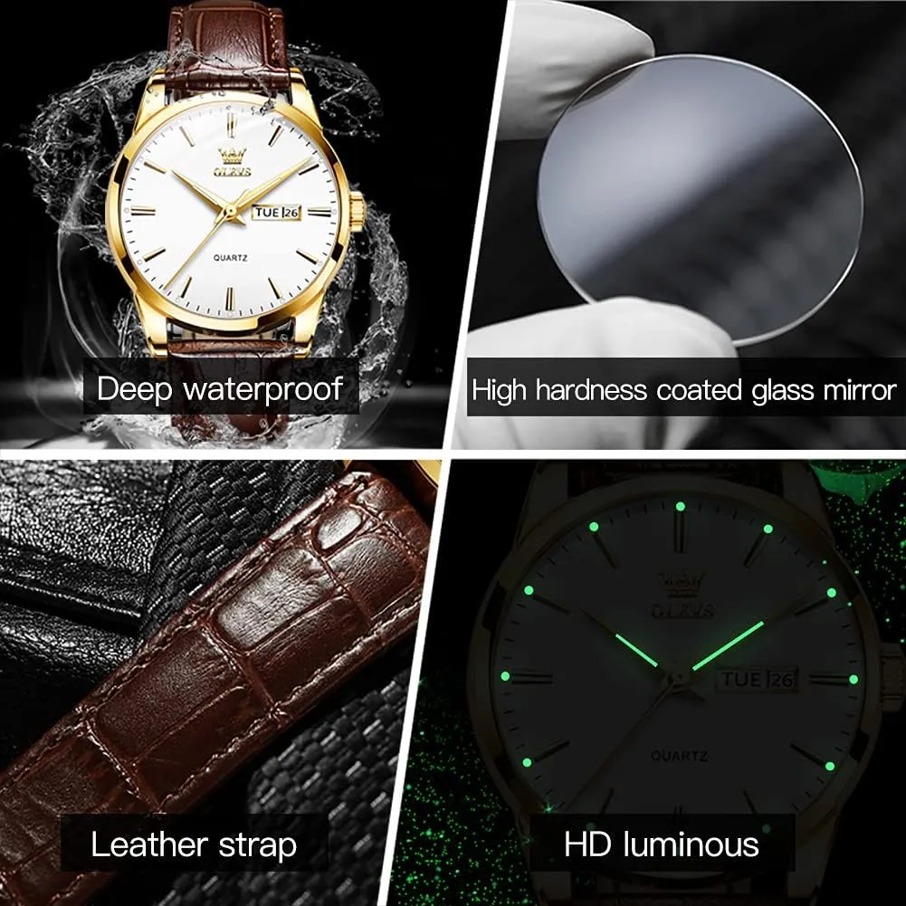 Week Date Business Classic Luminous Leather classic month Strap 3ATM Waterproof Wrist Watch Lovers OLEVS Men Watch Leather Analog Quartz Male Dress 