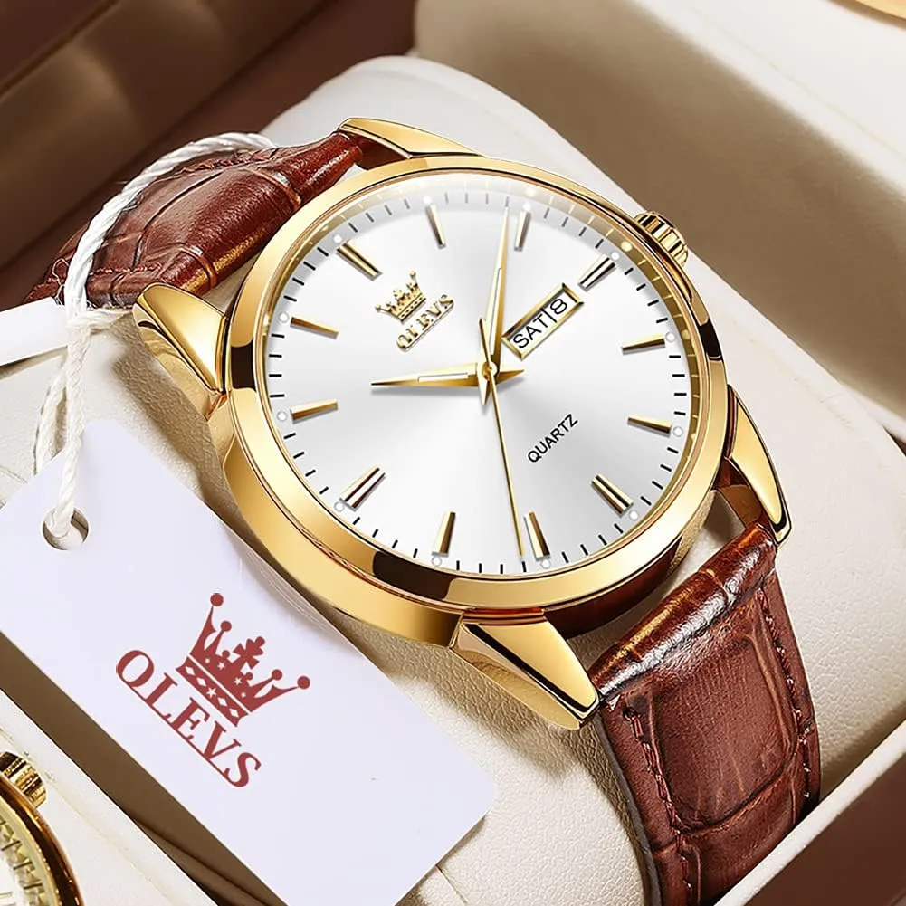Week Date Business Classic Luminous Leather classic month Strap 3ATM Waterproof Wrist Watch Lovers OLEVS Men Watch Leather Analog Quartz Male Dress 