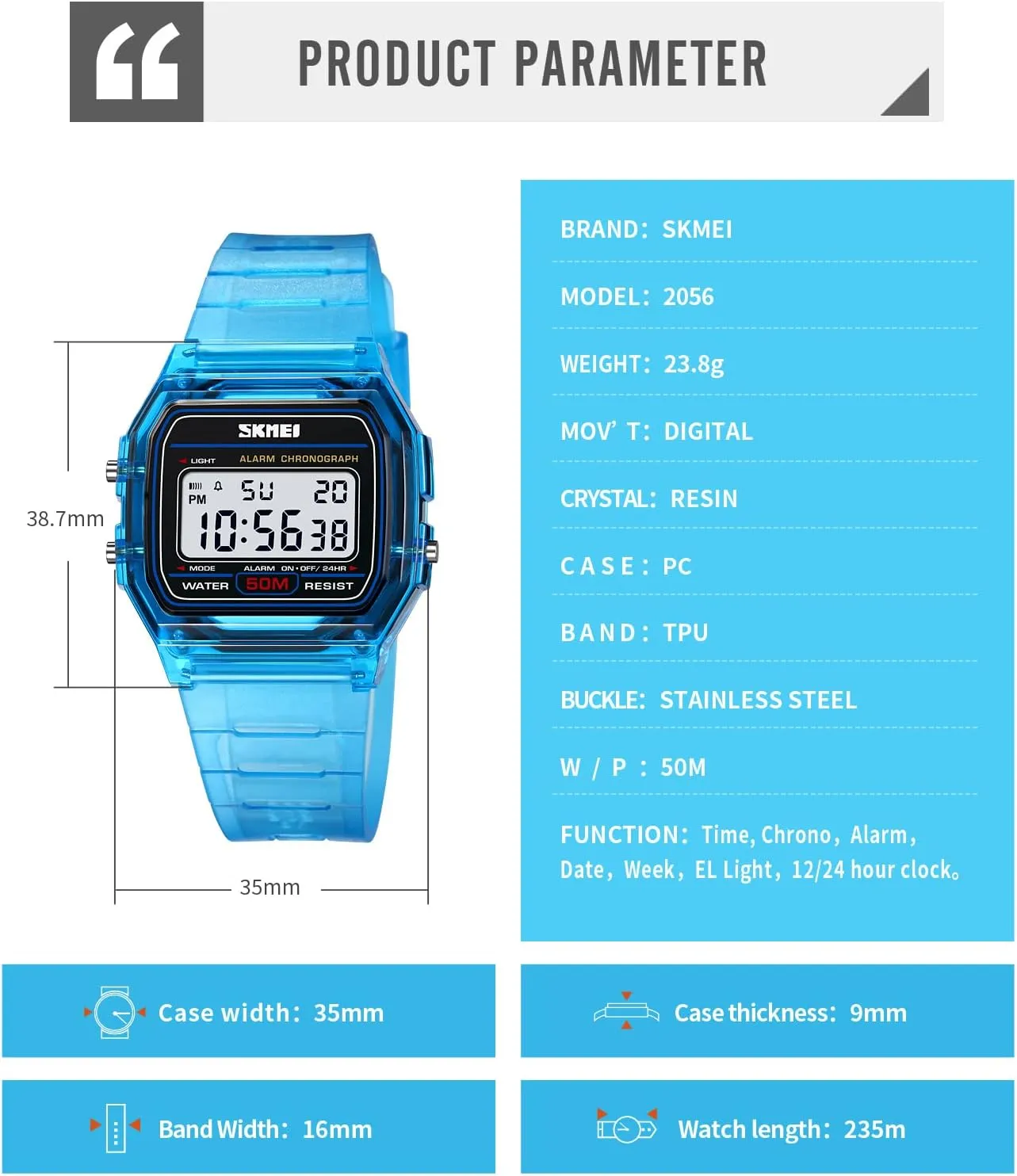 Week Display TPU Strap consist Lightweight Ladies Wristwatch CARLIEN Womens Digital Multifunction EL Light Fashion Sport Watch Water Resistant Transparent Case Alarm Stopwatch Back Light Date Calendar 