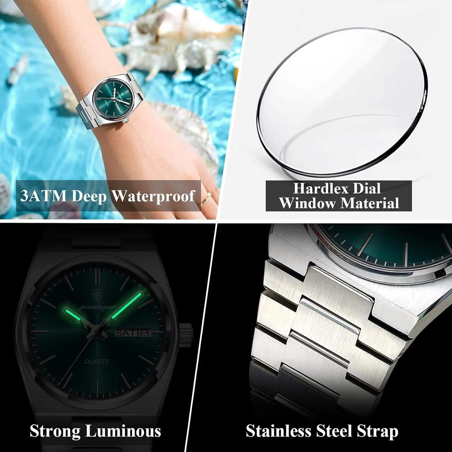 Week Stainless Steel Fashion Business Women's Watches Clock Luxury Watch for Woman Ladies Elegant Quartz Watch glue inflation Waterproof Luminous Date 