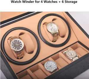 Winder Box for 4 Automatic Watches with 6 Storage Slots, Silent Motor, PU Leather, Wood Shell tangle domestication Case Black Watch 