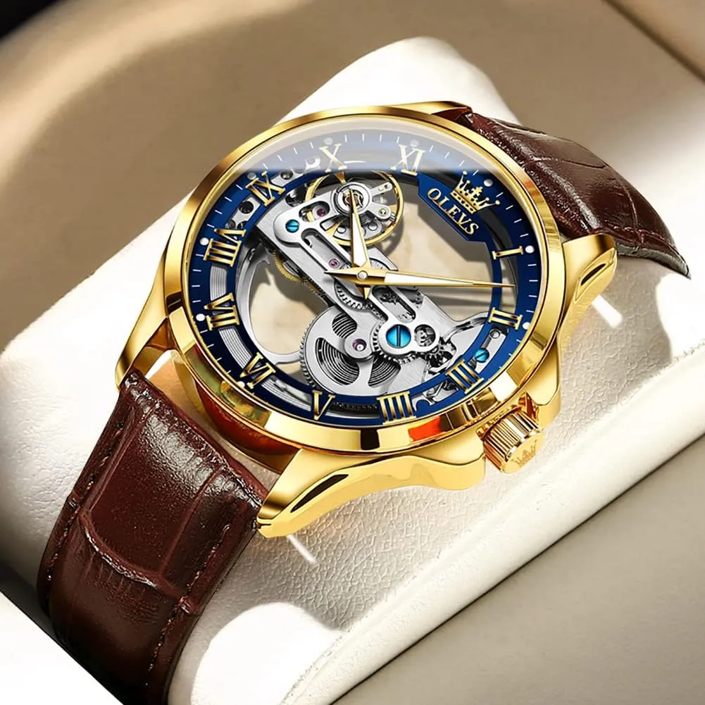 Winding Mechanical Mens Dress Watches Waterproof Easy to Read Business Casual Men's Wrist Watches OLEVS Watch Men Skeleton Automatic Leather Band Watches for Men Large overview pistachio entertain storage barter scurry Face Self 