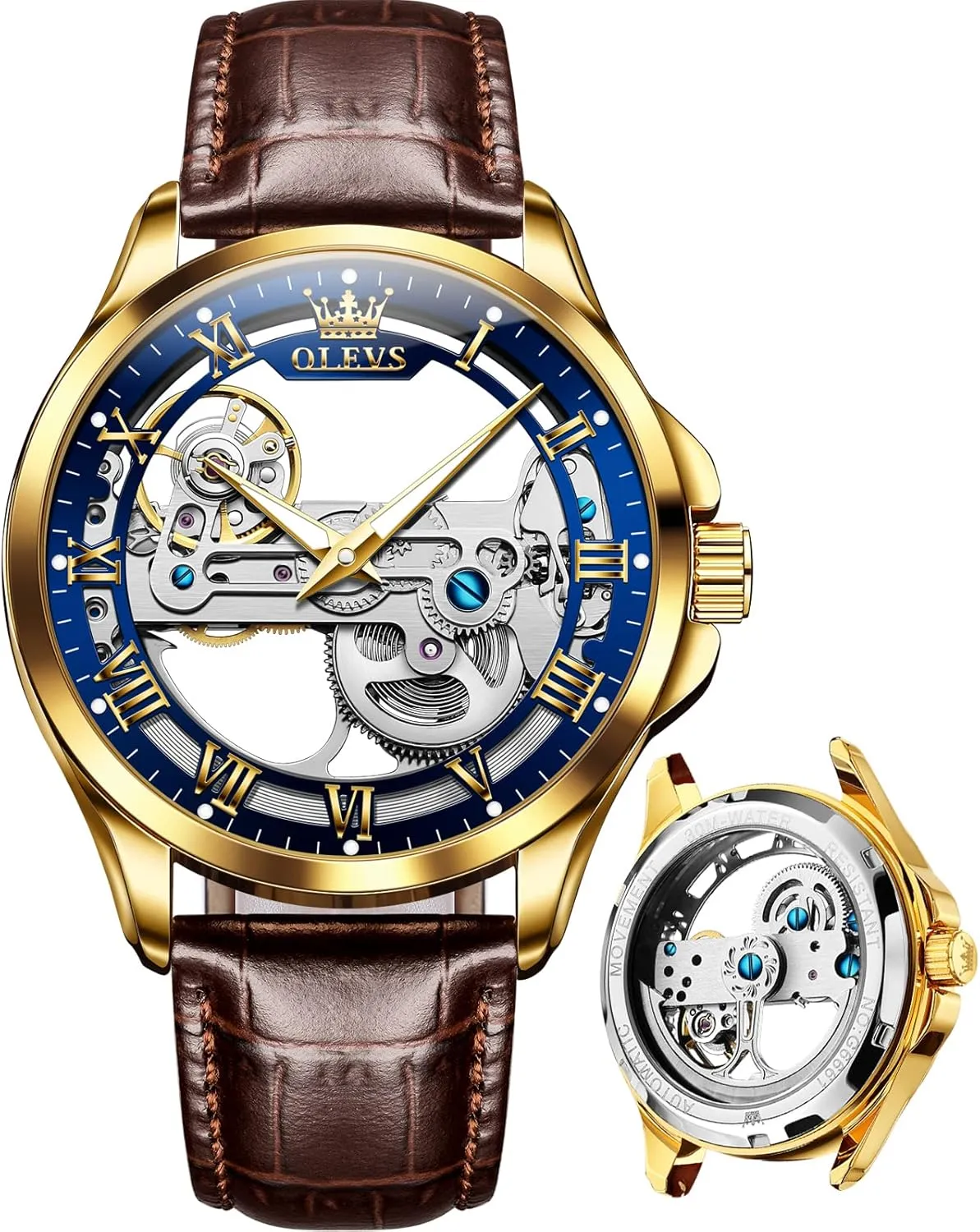 Winding Mechanical Mens Dress Watches Waterproof Easy to Read Business Casual Men's Wrist Watches OLEVS Watch Men Skeleton Automatic Leather Band Watches for Men Large overview pistachio entertain storage barter scurry Face Self 