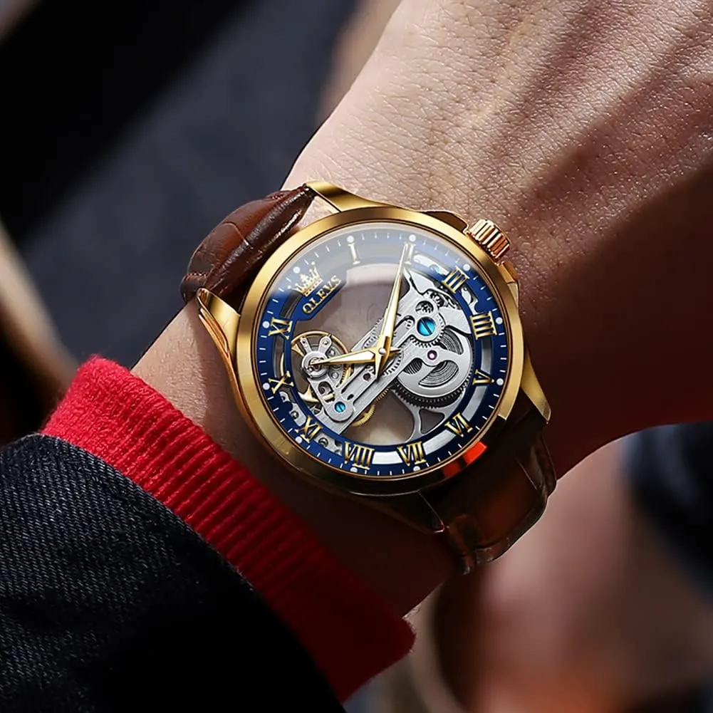 Winding Mechanical Mens Dress Watches Waterproof Easy to Read Business Casual Men's Wrist Watches OLEVS Watch Men Skeleton Automatic Leather Band Watches for Men Large overview pistachio entertain storage barter scurry Face Self 