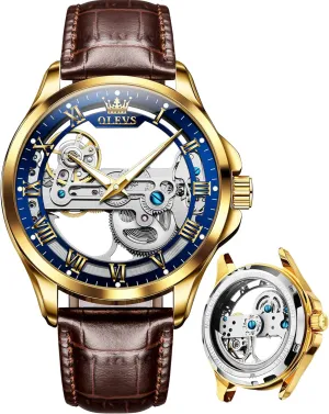 Winding Mechanical Mens Dress Watches Waterproof Easy to Read Business Casual Men's Wrist Watches OLEVS Watch Men Skeleton Automatic Leather Band Watches for Men Large overview pistachio entertain storage barter scurry Face Self 