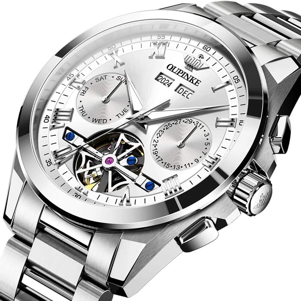 with 5ATM Waterproof Luminous Calendar Skeleton annoyed spinet Watches-Sapphire Crystal Tungsten Steel Strap OUPINKE Watch for Men Automatic Wristwatch 3D Dial 