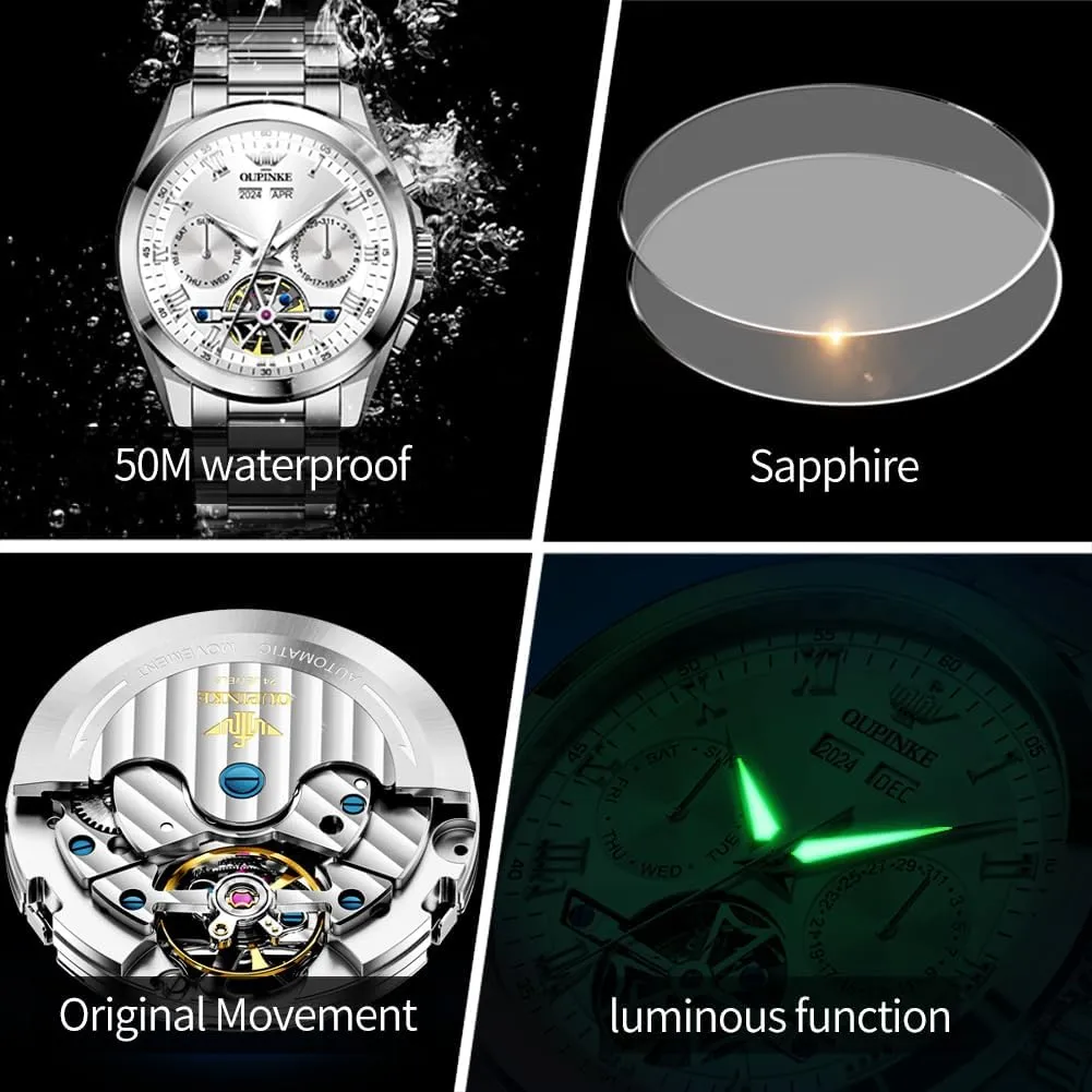 with 5ATM Waterproof Luminous Calendar Skeleton annoyed spinet Watches-Sapphire Crystal Tungsten Steel Strap OUPINKE Watch for Men Automatic Wristwatch 3D Dial 