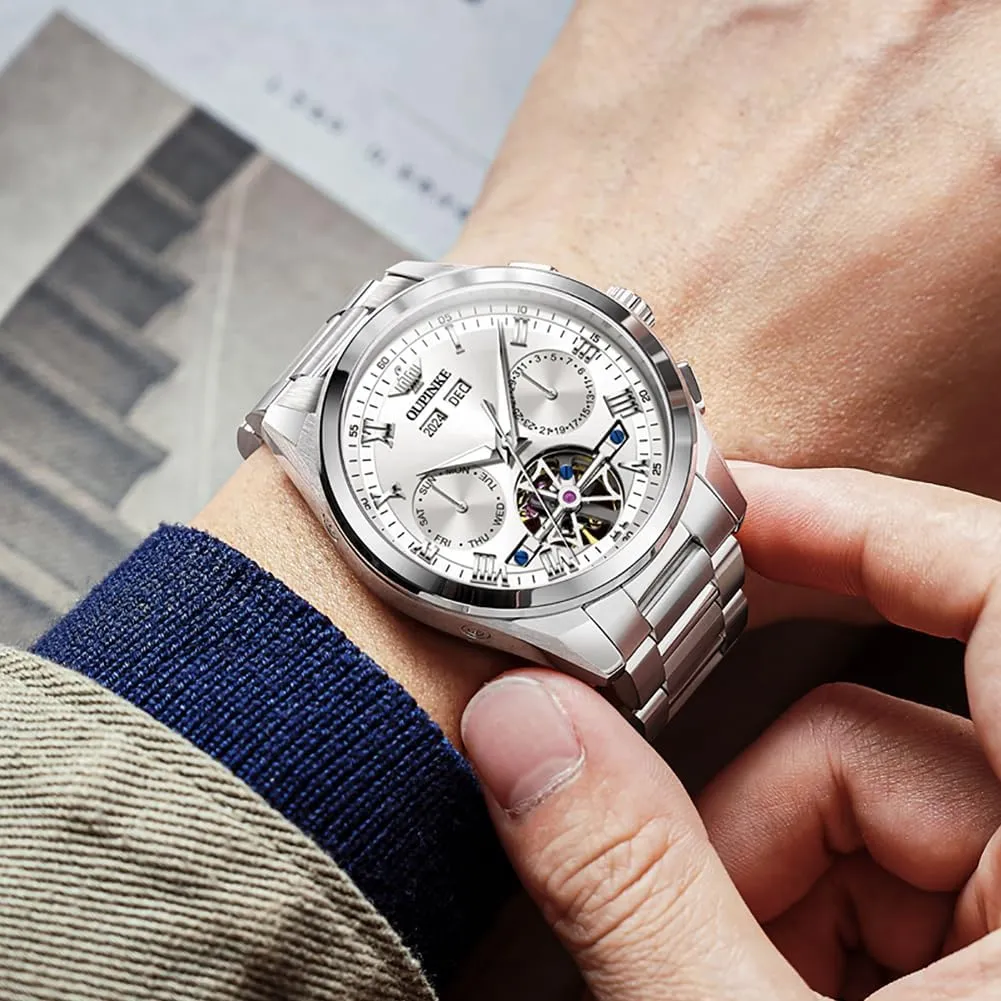 with 5ATM Waterproof Luminous Calendar Skeleton annoyed spinet Watches-Sapphire Crystal Tungsten Steel Strap OUPINKE Watch for Men Automatic Wristwatch 3D Dial 
