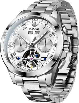 with 5ATM Waterproof Luminous Calendar Skeleton annoyed spinet Watches-Sapphire Crystal Tungsten Steel Strap OUPINKE Watch for Men Automatic Wristwatch 3D Dial 