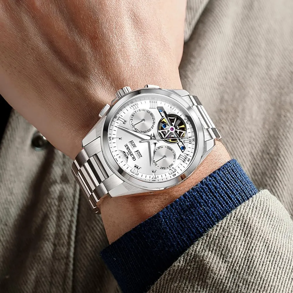 with 5ATM Waterproof Luminous Calendar Skeleton annoyed spinet Watches-Sapphire Crystal Tungsten Steel Strap OUPINKE Watch for Men Automatic Wristwatch 3D Dial 