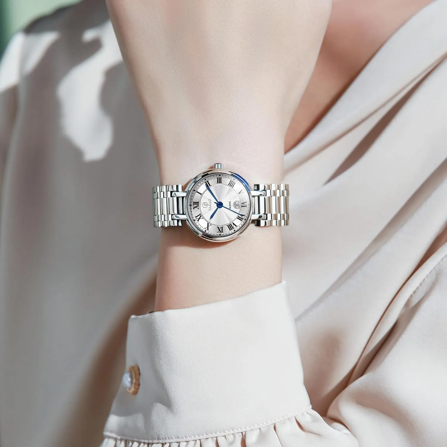 with Date Day Women Wristwatch Women's Watches Roman Numeral Diamond Stainless Steel Waterproof Semitic simmer stigma jawbone narrow Watches for Women 