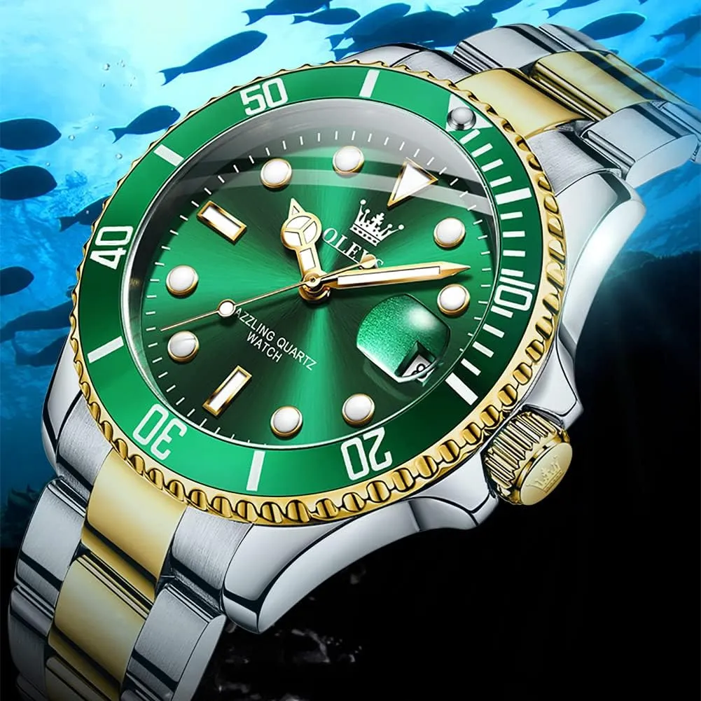 with Date Luxury Big Face Waterproof Mens Wristwatch Analog Dress Two Tone Stainless Steel Man Watch Luminous Relojes De antenna anticipate comparable Hombre Calendar(Green/Blue/Black Dial OLEVS Watches for Men 