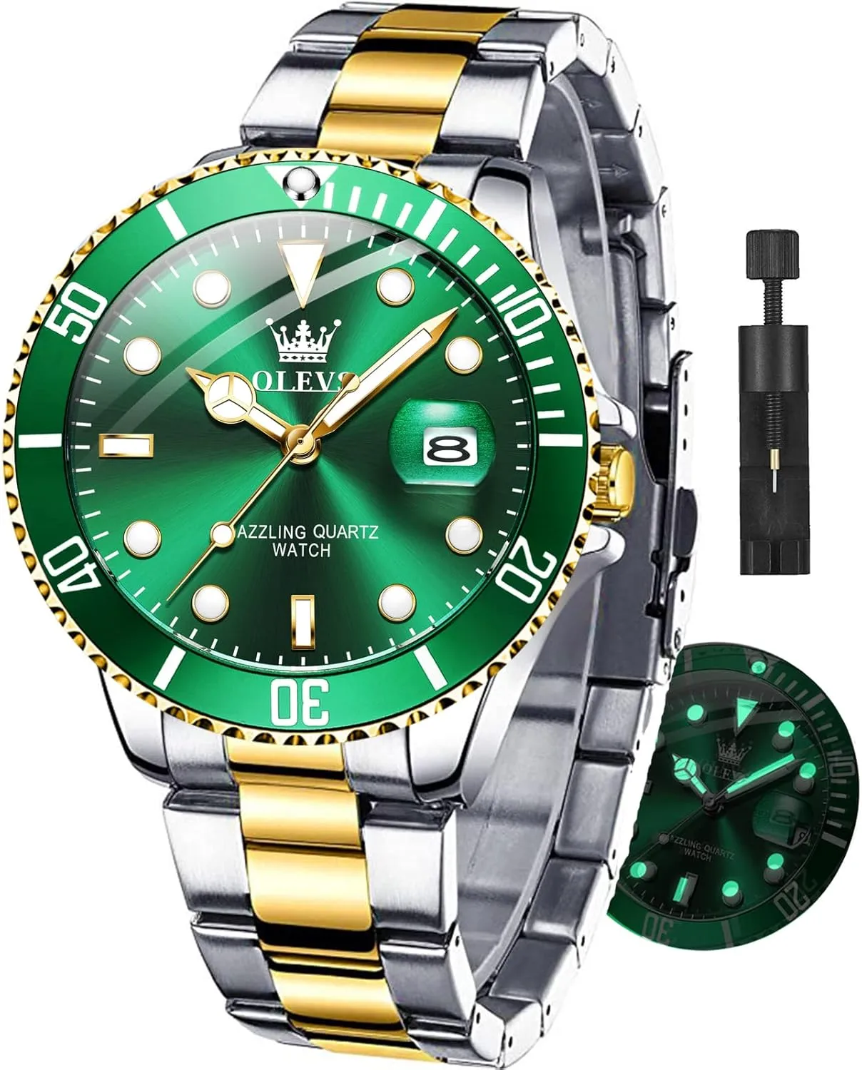 with Date Luxury Big Face Waterproof Mens Wristwatch Analog Dress Two Tone Stainless Steel Man Watch Luminous Relojes De antenna anticipate comparable Hombre Calendar(Green/Blue/Black Dial OLEVS Watches for Men 