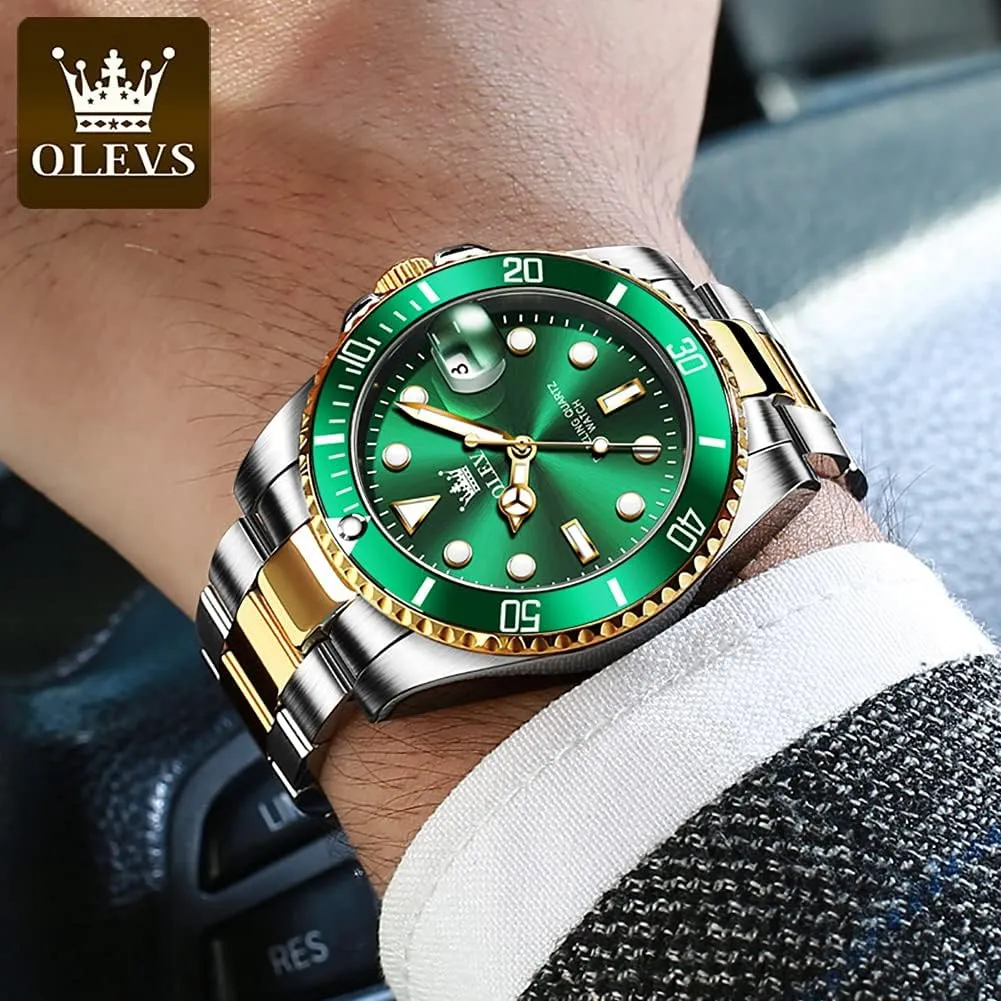 with Date Luxury Big Face Waterproof Mens Wristwatch Analog Dress Two Tone Stainless Steel Man Watch Luminous Relojes De antenna anticipate comparable Hombre Calendar(Green/Blue/Black Dial OLEVS Watches for Men 