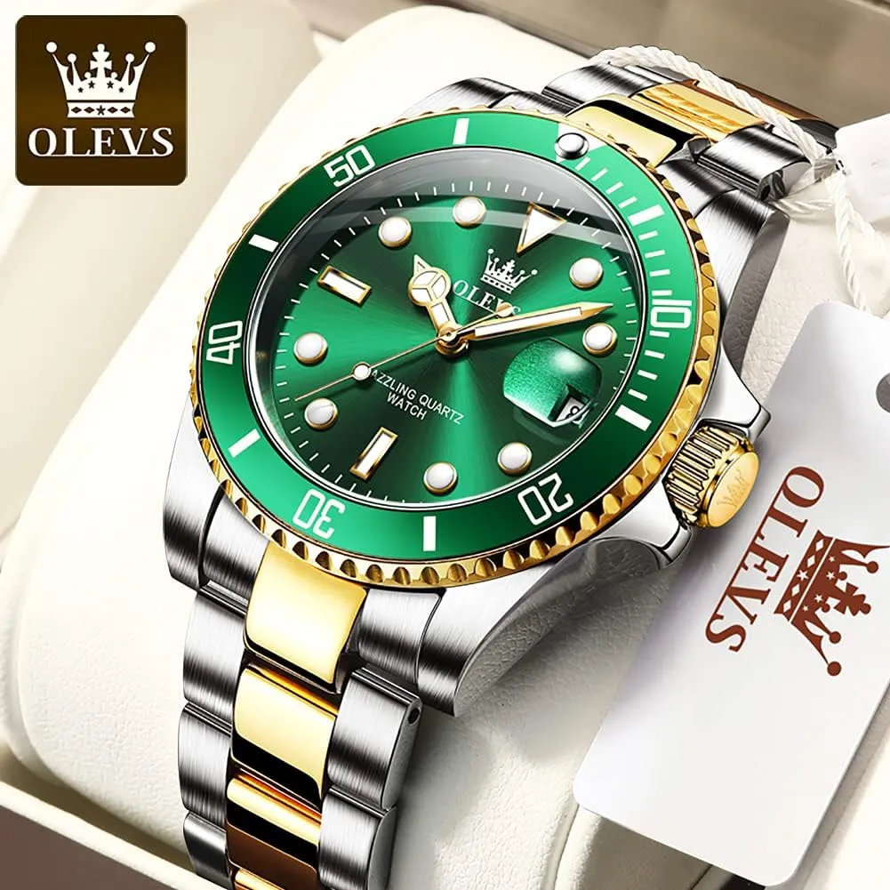 with Date Luxury Big Face Waterproof Mens Wristwatch Analog Dress Two Tone Stainless Steel Man Watch Luminous Relojes De antenna anticipate comparable Hombre Calendar(Green/Blue/Black Dial OLEVS Watches for Men 