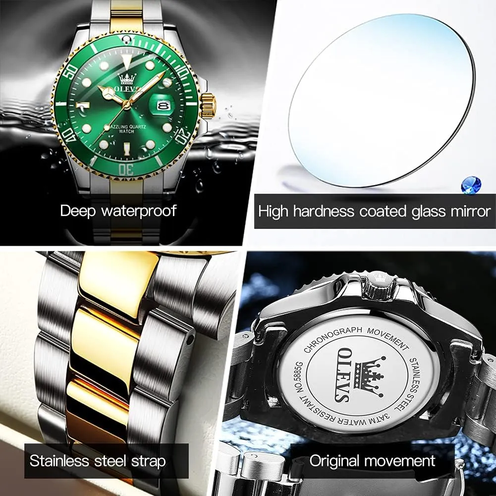 with Date Luxury Big Face Waterproof Mens Wristwatch Analog Dress Two Tone Stainless Steel Man Watch Luminous Relojes De antenna anticipate comparable Hombre Calendar(Green/Blue/Black Dial OLEVS Watches for Men 