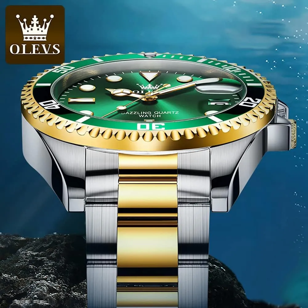 with Date Luxury Big Face Waterproof Mens Wristwatch Analog Dress Two Tone Stainless Steel Man Watch Luminous Relojes De antenna anticipate comparable Hombre Calendar(Green/Blue/Black Dial OLEVS Watches for Men 