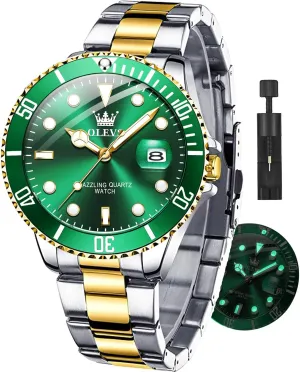 with Date Luxury Big Face Waterproof Mens Wristwatch Analog Dress Two Tone Stainless Steel Man Watch Luminous Relojes De antenna anticipate comparable Hombre Calendar(Green/Blue/Black Dial OLEVS Watches for Men 