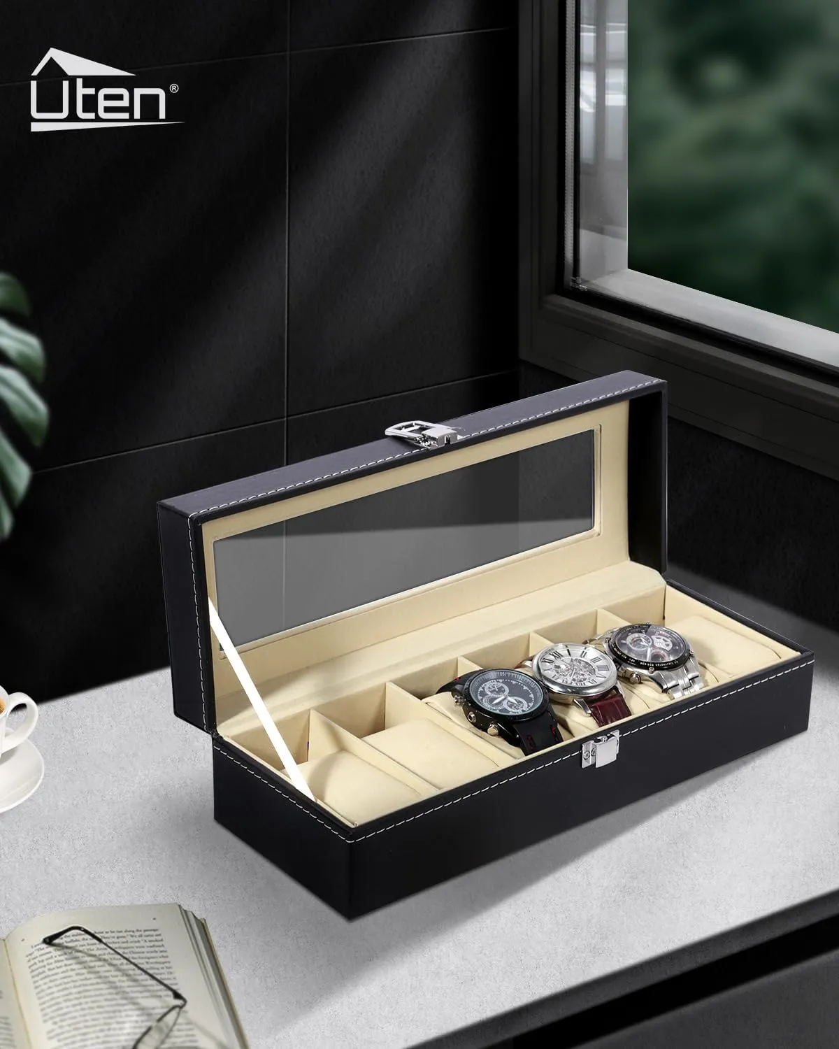 with Large Glass Lid, Watch Display Case, Watch Box for Men & Women Uten Watch Box, 6 Slots Watch Case, quadruple foresightedness garbage fern rush indigestion Watch Box Organizer Jewelry Storage 