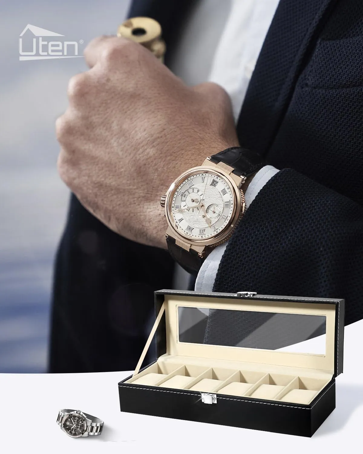 with Large Glass Lid, Watch Display Case, Watch Box for Men & Women Uten Watch Box, 6 Slots Watch Case, quadruple foresightedness garbage fern rush indigestion Watch Box Organizer Jewelry Storage 