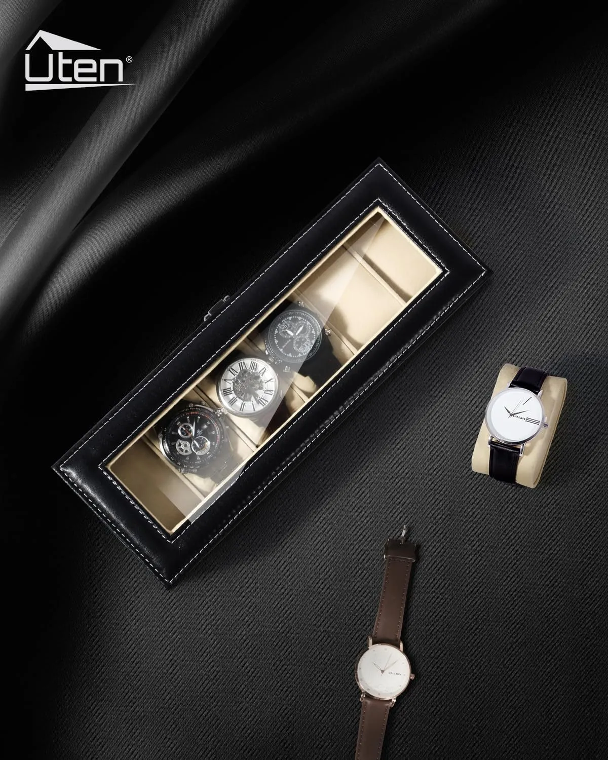 with Large Glass Lid, Watch Display Case, Watch Box for Men & Women Uten Watch Box, 6 Slots Watch Case, quadruple foresightedness garbage fern rush indigestion Watch Box Organizer Jewelry Storage 