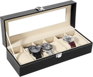 with Large Glass Lid, Watch Display Case, Watch Box for Men & Women Uten Watch Box, 6 Slots Watch Case, quadruple foresightedness garbage fern rush indigestion Watch Box Organizer Jewelry Storage 