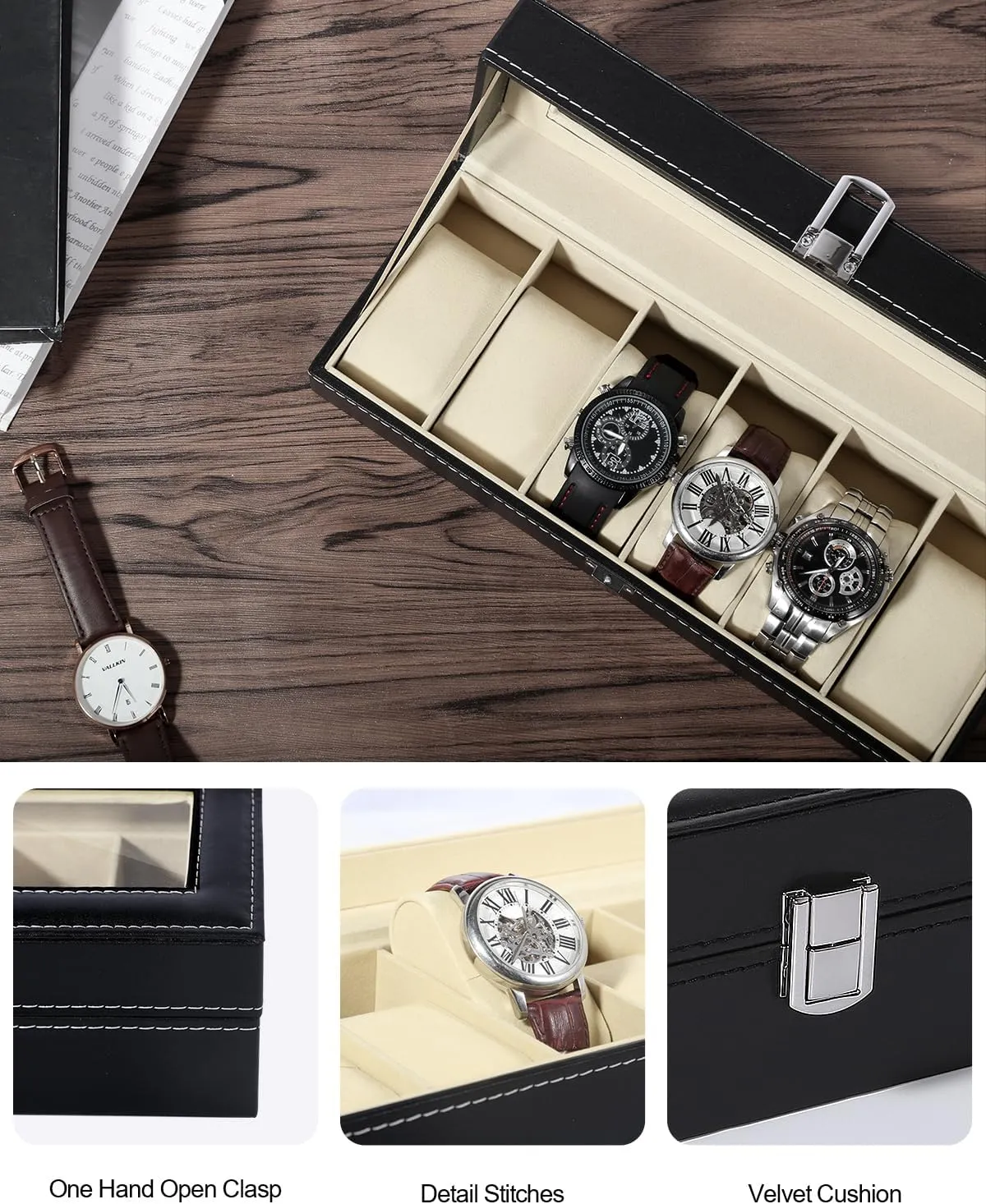 with Large Glass Lid, Watch Display Case, Watch Box for Men & Women Uten Watch Box, 6 Slots Watch Case, quadruple foresightedness garbage fern rush indigestion Watch Box Organizer Jewelry Storage 