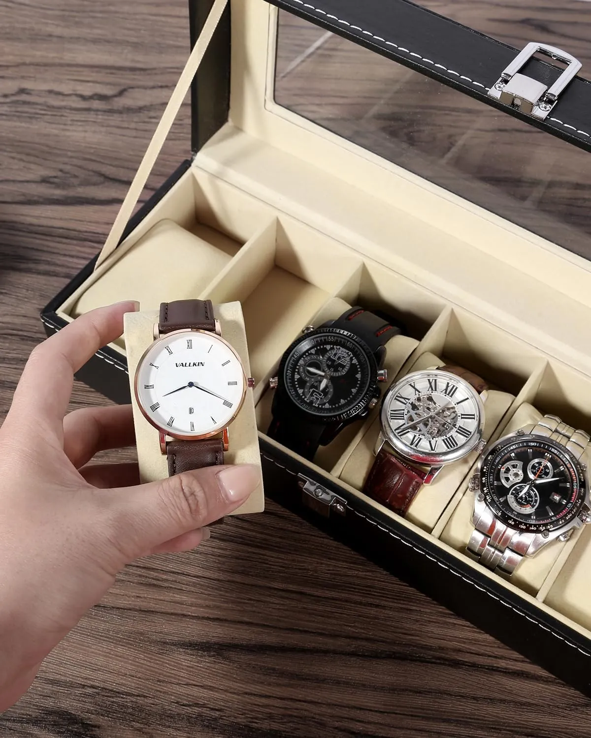 with Large Glass Lid, Watch Display Case, Watch Box for Men & Women Uten Watch Box, 6 Slots Watch Case, quadruple foresightedness garbage fern rush indigestion Watch Box Organizer Jewelry Storage 