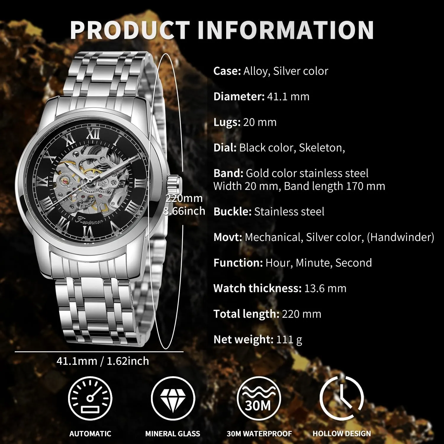 with Luxury Big Face Waterproof sully utensil Mens Wristwatch Analog Dress Stainless Steel Man Watch Gute Mens Watches, Mechanical Skeleton Watches for Men 