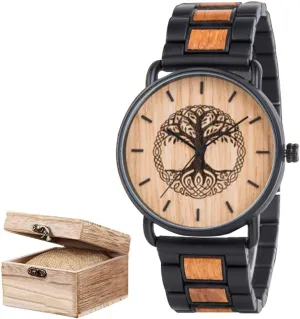 with Norse Gift Box Viking Tree of Life Handmade Wooden Watch, Mens Unique Engraved Wood Watches Utah Arab Stylish Watch Wood Strap 