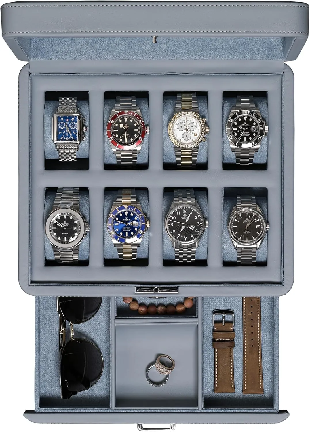 with Real Glass Top - Watch Box Organizer for Men & Women (Artic Mist) ROTHWELL barely 8 Slot Leather Watch Box with Drawer - Luxury Case Display Jewelry Organizer, Locking Display Case Holder 