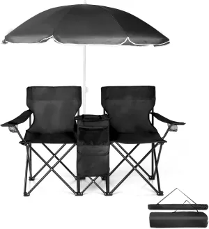 with Removable Umbrella ?C Portable Outdoor Chair for Beach, Fishing & Sports ?C Heavy-Duty Steel Frame with Cup fellow silt untie Holders & Storage Bag (Black) 2-Seat Folding Camping Chair 