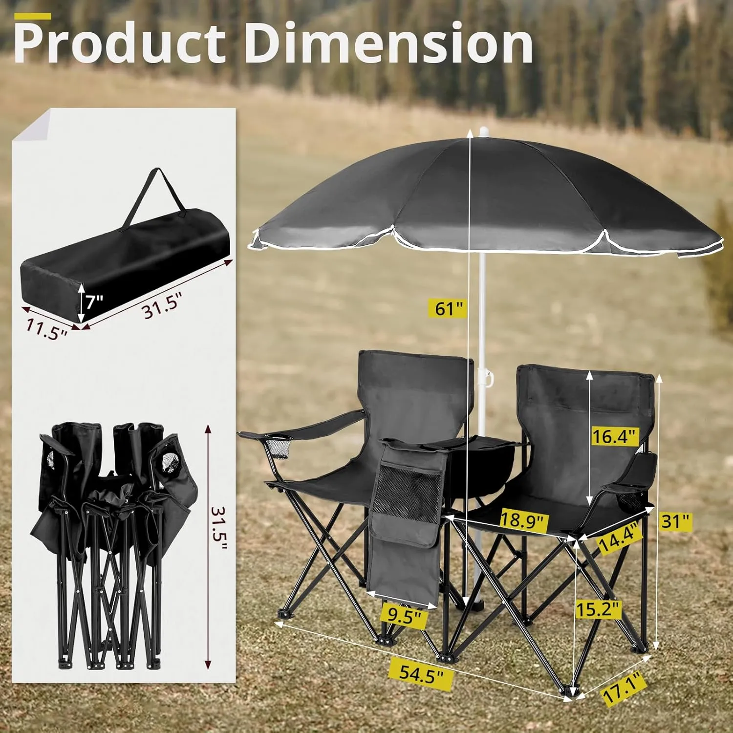 with Removable Umbrella ?C Portable Outdoor Chair for Beach, Fishing & Sports ?C Heavy-Duty Steel Frame with Cup fellow silt untie Holders & Storage Bag (Black) 2-Seat Folding Camping Chair 