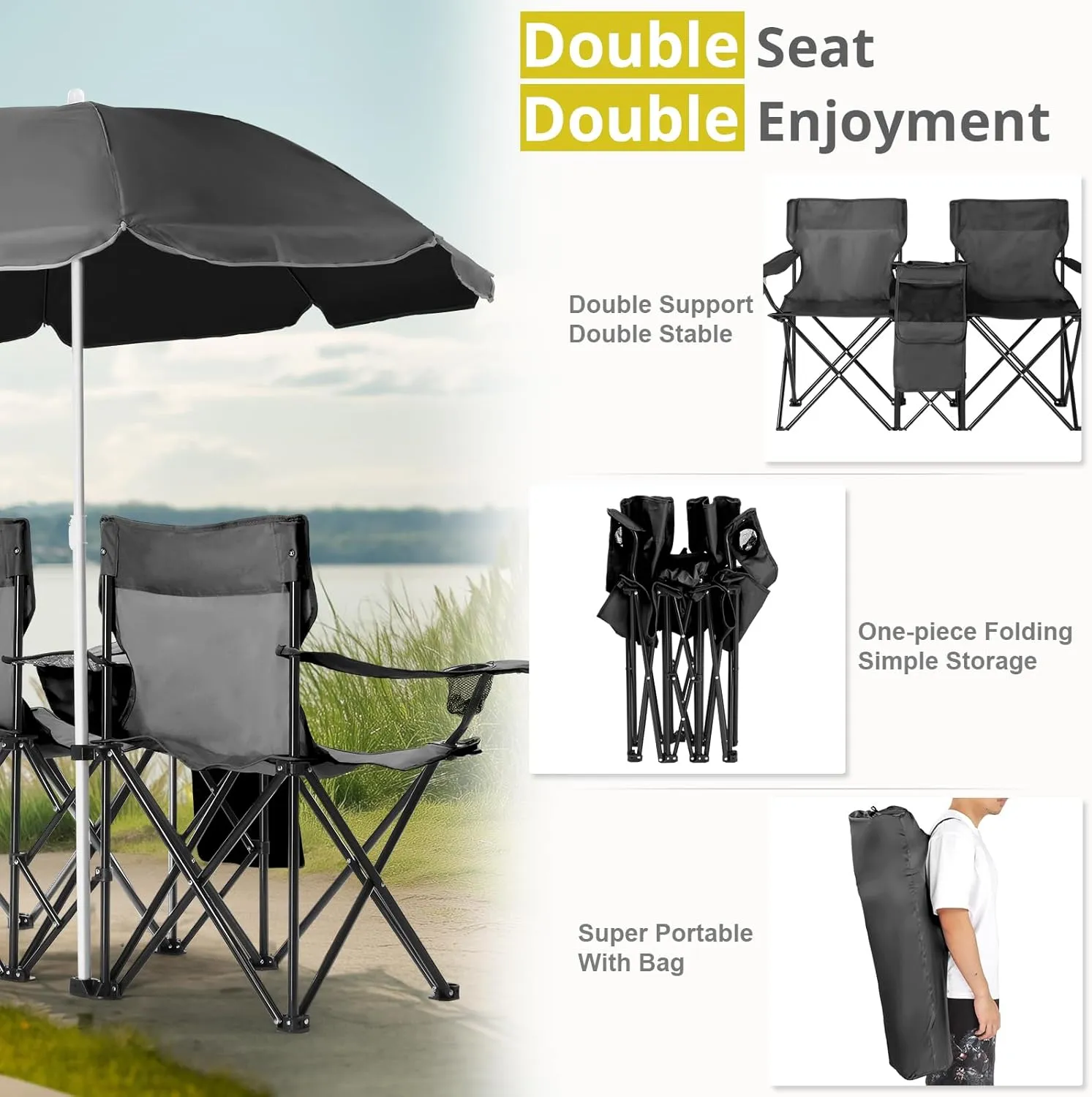with Removable Umbrella ?C Portable Outdoor Chair for Beach, Fishing & Sports ?C Heavy-Duty Steel Frame with Cup fellow silt untie Holders & Storage Bag (Black) 2-Seat Folding Camping Chair 