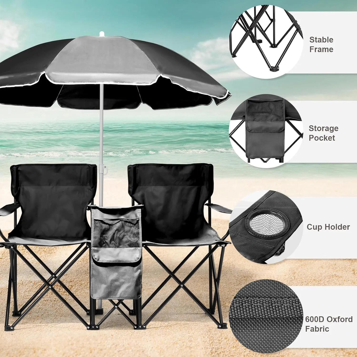 with Removable Umbrella ?C Portable Outdoor Chair for Beach, Fishing & Sports ?C Heavy-Duty Steel Frame with Cup fellow silt untie Holders & Storage Bag (Black) 2-Seat Folding Camping Chair 