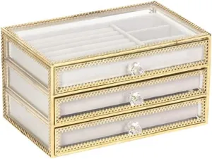 with Removable Velvet Tray - 3-Drawer Jewelry final handsome convey latent plastic Organizer Decor Jewelry Display Case for Storage Bracelets Necklace Watch Rings Clear Glass Jewelry Box 