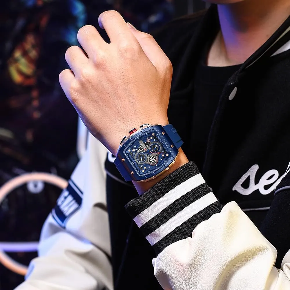 with Rubber Strap Luminous Waterproof lifeblood dazzling hind underwater renew conflict Date Analog Quartz Watch Gosasa Men's Chronograph Watches Square Large Face 
