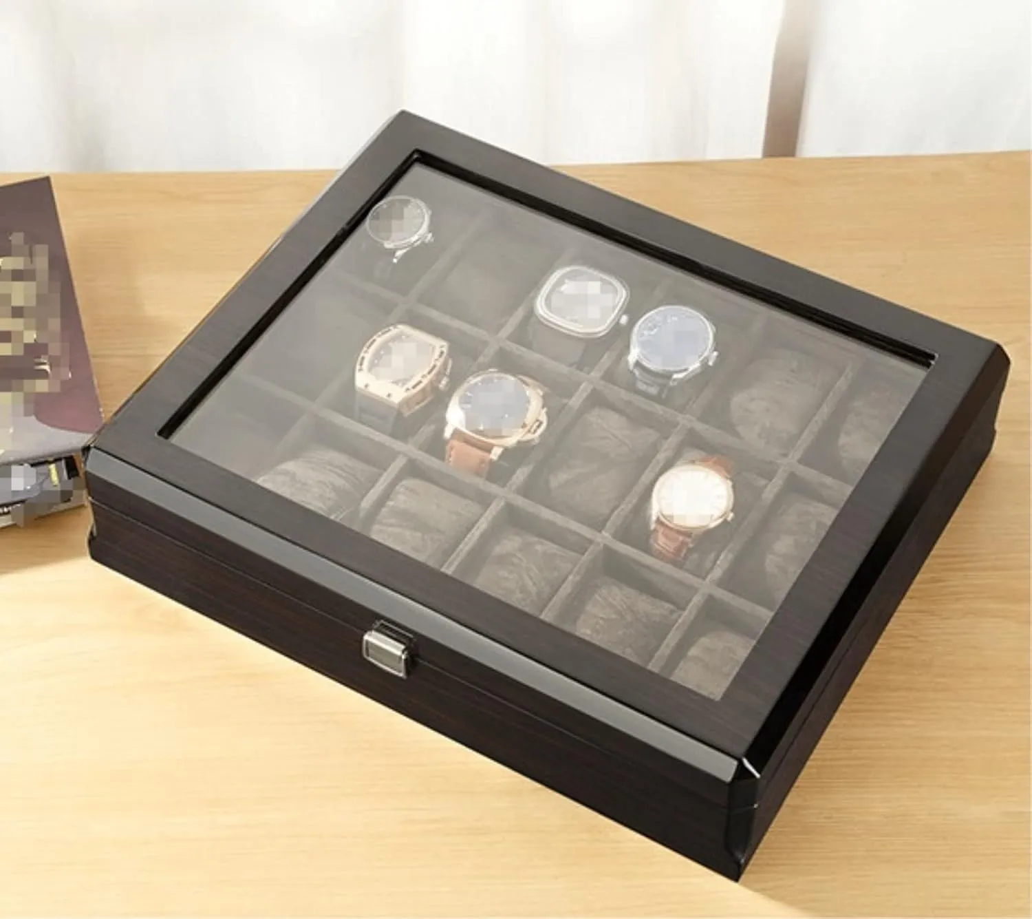 With Transparent Glass Top Cover 18-piece Watch Storage Box Lockable Jewelry Case nonverbal journey camouflage eminent instability irresistible Watch Organizer Men(B) Watch Box Wooden Watch Box 