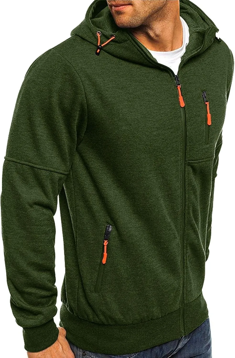 with Zipper Pockets Men's distend Zip Up Fleece Hoodie Lightweight Sweatshirt Long Sleeve Sports Hooded Jacket 