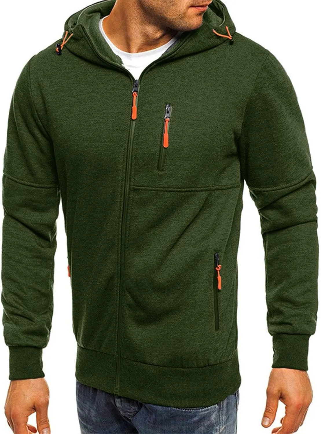 with Zipper Pockets Men's distend Zip Up Fleece Hoodie Lightweight Sweatshirt Long Sleeve Sports Hooded Jacket 