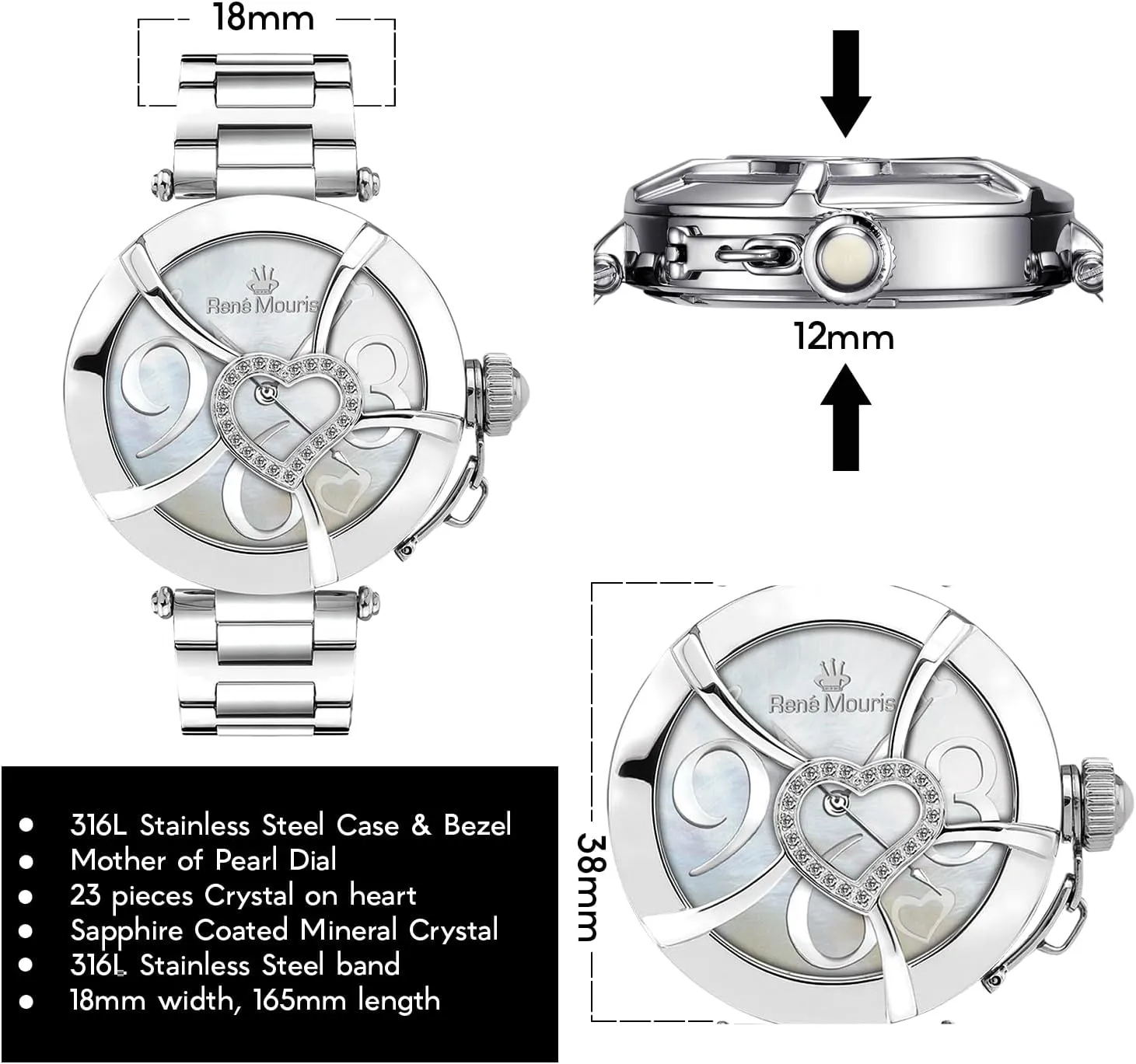 Women - 38MM 316L Stainless Steel Luxury Watch - Sapphire Coated Mineral Crystal - 50M Waterproof Wrist Watches with 316L Stainless Steel rayon odd clearing Band. Ren?? Mouris Coeur D?? Amour Watches for 