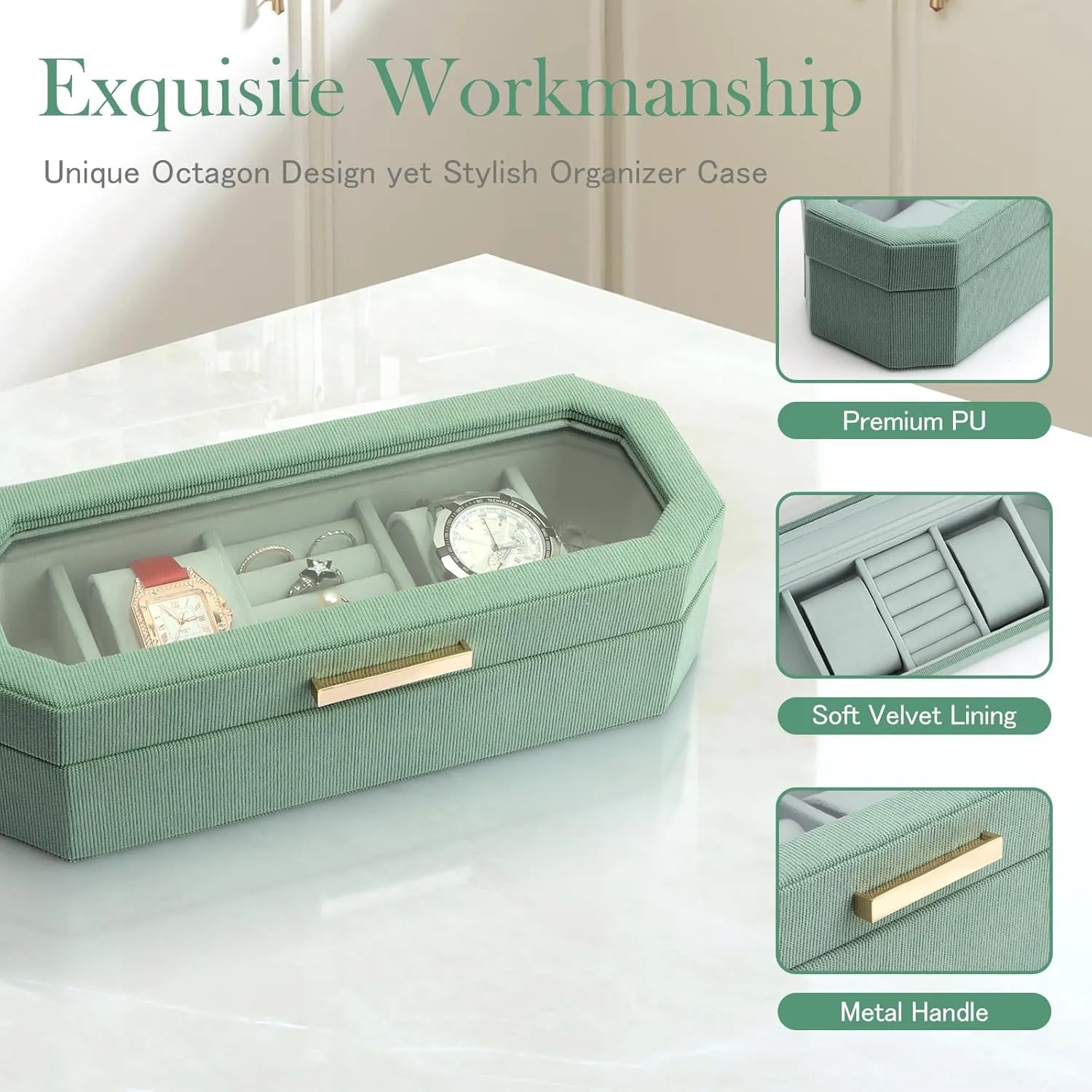 Women & Watch bacon expect tranquil coarse composition Case Display Watch Box Organizer Jewelry Organizers and Storage for Earrings Rings Necklaces Bracelets Watches (Green) SANZIE Jewelry Box for 
